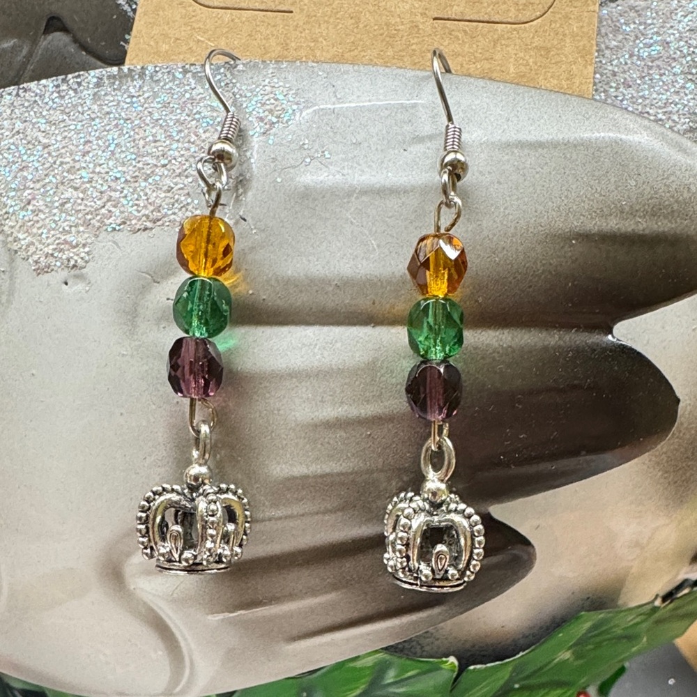 Mardi Gras Silver Crown  Drop Earrings with Multicolor Beads 2/$22